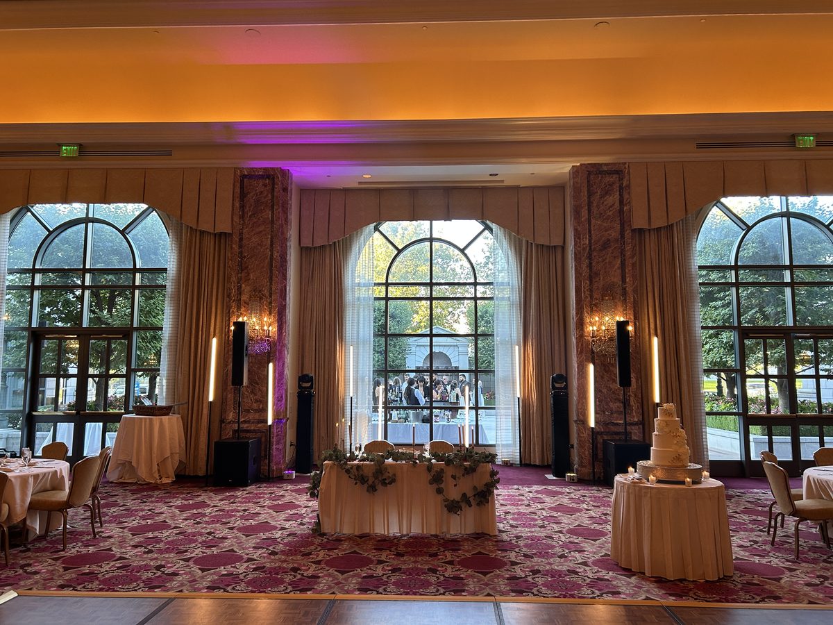 Sound system placed discreetly in an ornate Grand America ballroom set for a reception